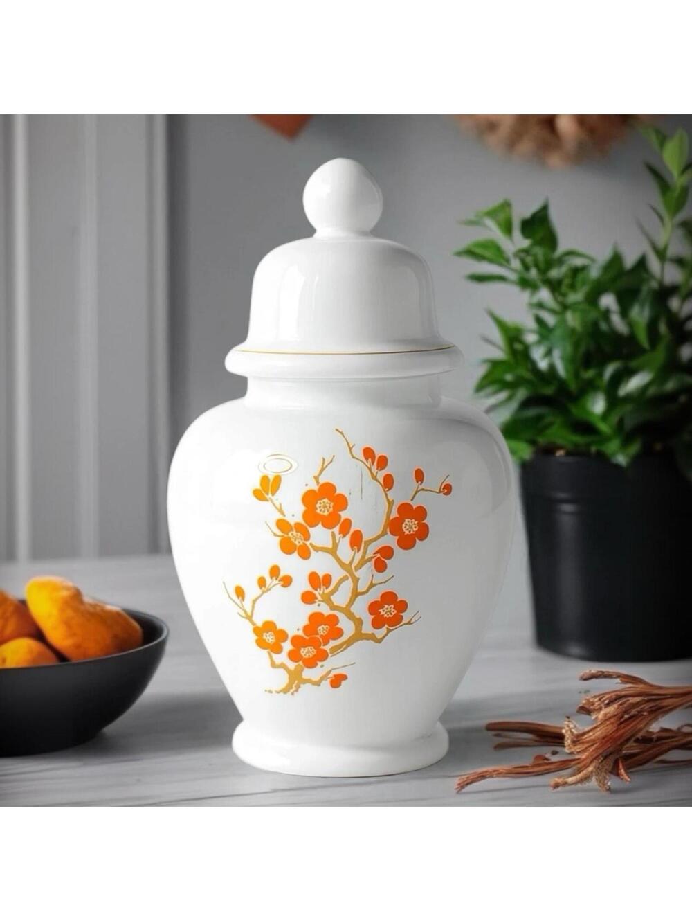 Elegant White Ceramic Ginger Jar with Orange Floral Design and Lid